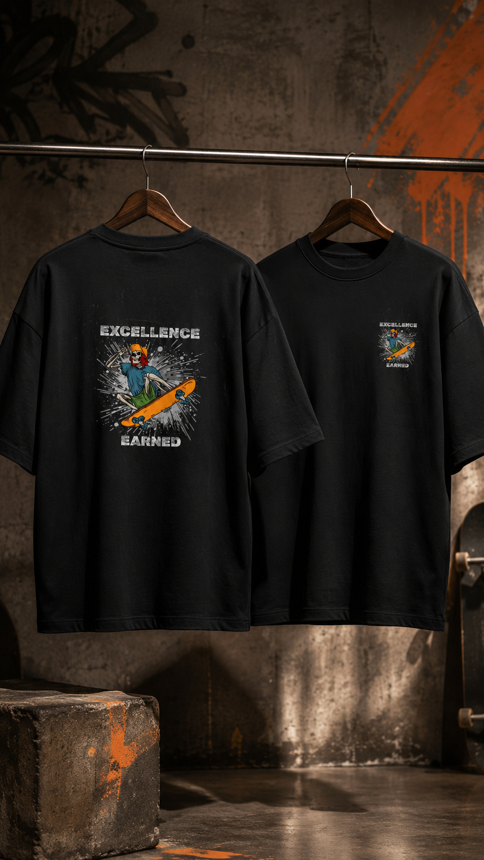 Excellence Earned Skeleton Skate Graphic Oversized T-Shirt for Men