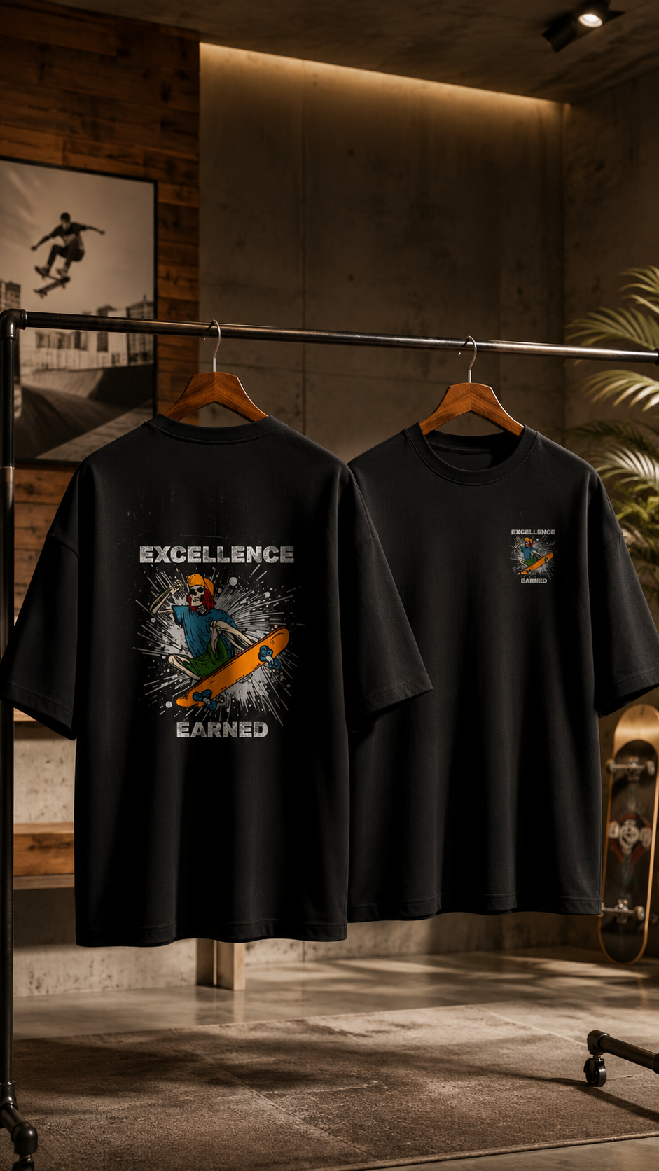 Excellence Earned Skeleton Skate Graphic Oversized T-Shirt for Men